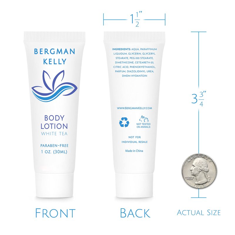BERGMAN KELLY - Travel Size Lotion - 1 fl oz, 50 PK, White Tea - Delight Your Guests with Invigorating and Refreshing Body Lotion - Quality Mini and Small Size Guest Hotel Toiletries in Bulk