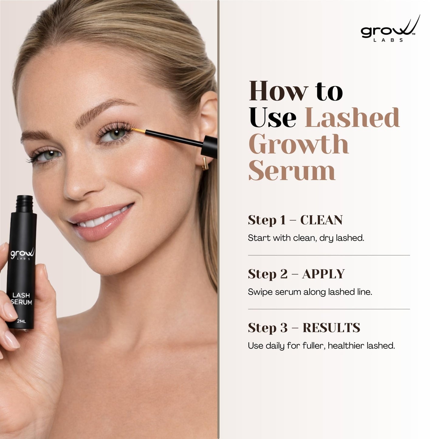 Grow Labs Lash Serum – Eyelash Enhancer with Peptides & Biotin – Strengthens, Nourishes & Defines Lashes for Longer, Fuller and Thicker Looking – Vegan Formula – Hormone-Free – Made in USA – 2 ml