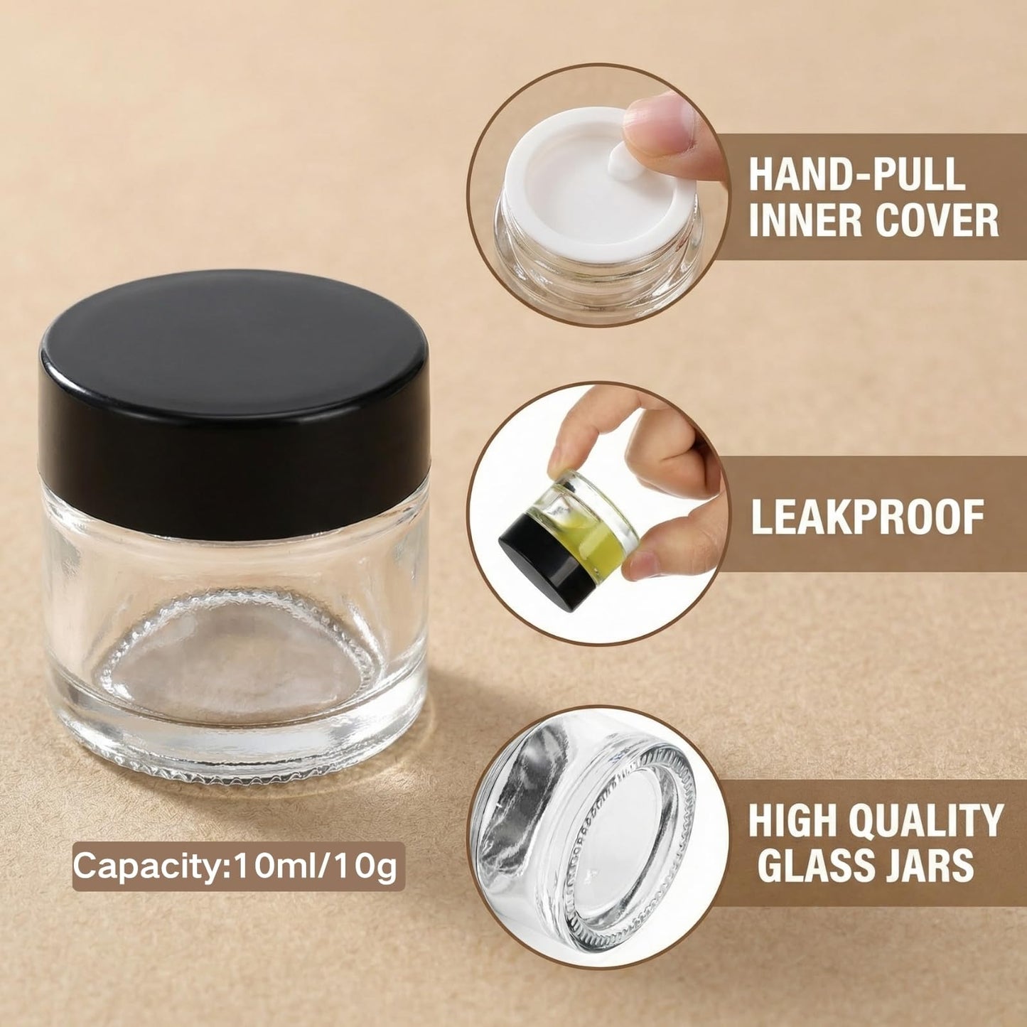 Coloch 70 Pack 10ml Mini Glass Sample Jar with Airtight Lid, 10 Gram Glass Cosmetics Jar Clear Round Lip Balm Container for Cosmetics, Lotion, Cream, Samples, Skincare, Travelling, Retail Store