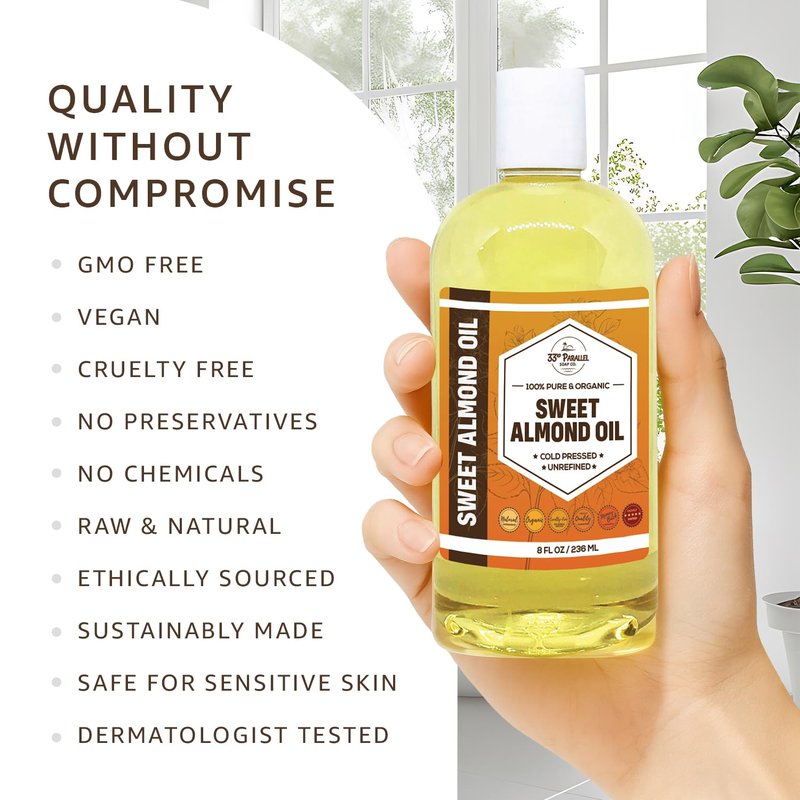 ORGANIC SWEET ALMOND OIL (16 oz) Premium Cold Pressed Unrefined | 100% Pure Sweet Almond Oil for Skin, Face, Hair, Soap Making | Carrier for Essential Oils | Available in Bulk | 16 FL OZ