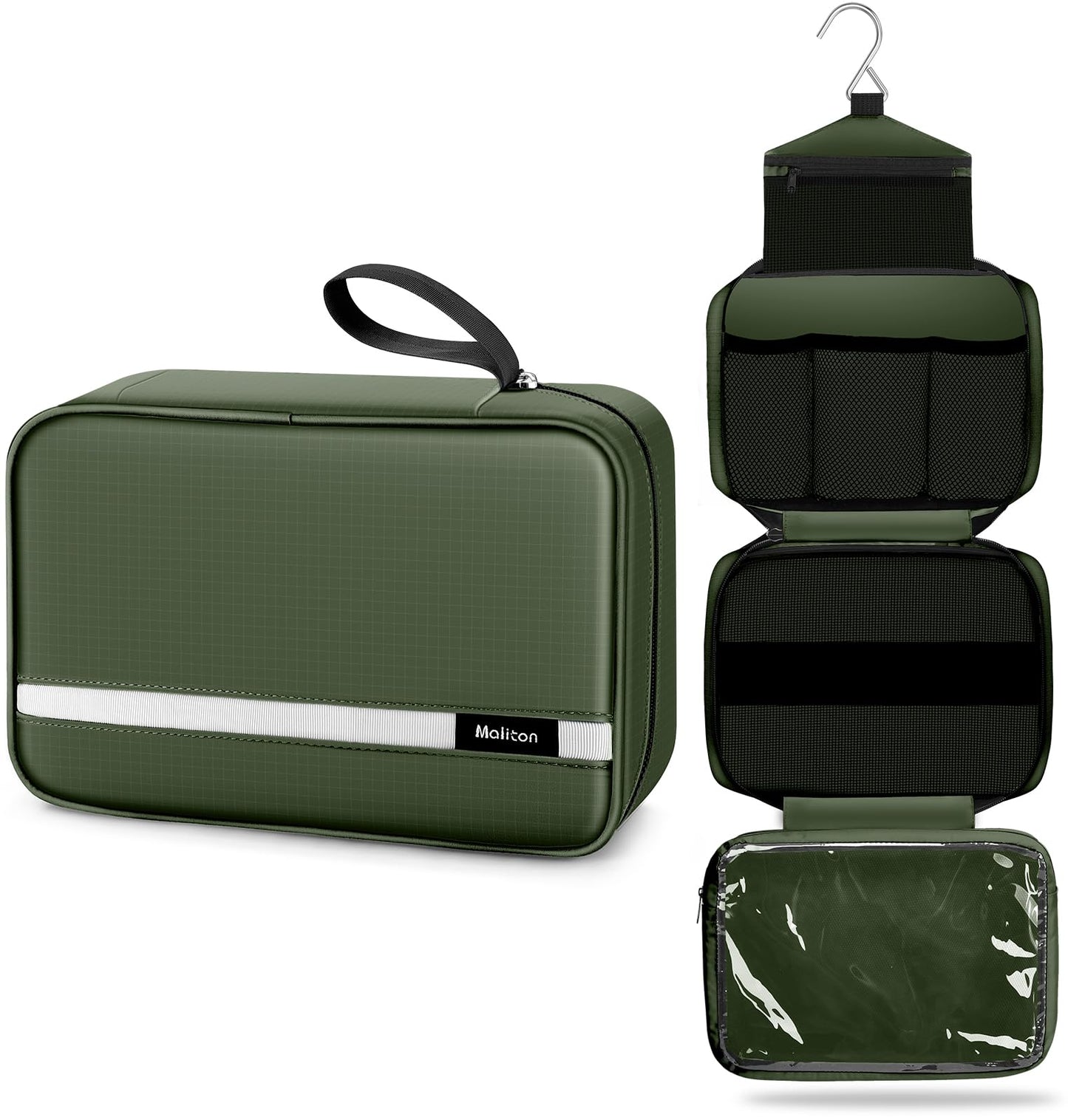Maliton Toiletry Bag for Men & Women Travel Toiletry Bag Hanging Toiletry Bag Hygiene Organizer with 4 Compartments Waterproof Bathroom Shower Bag Large Toiletries Travel Bag (Olive Green)