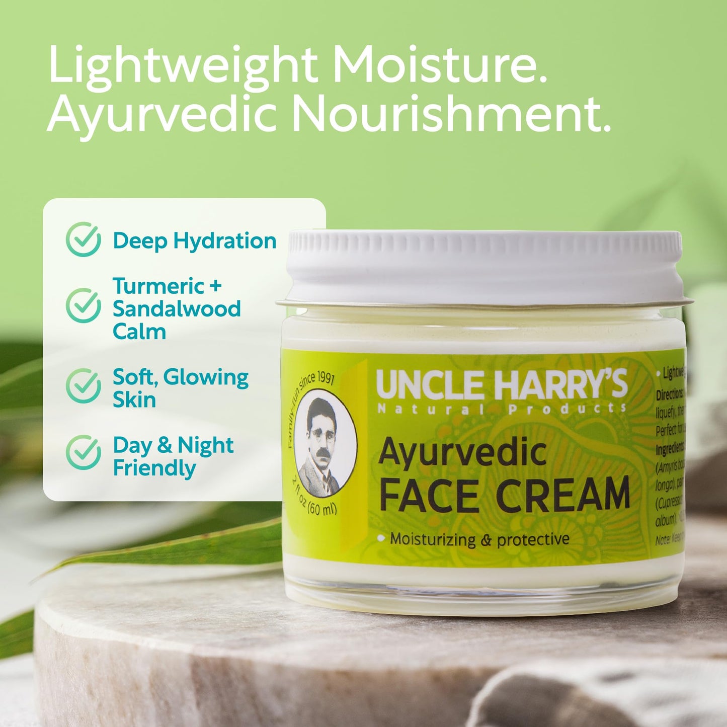 Uncle Harry's Natural Products Ayurvedic Face Cream with Jojoba Esters and Pure Essential Oils of Turmeric, Sandalwood, Palmarosa, and Cypress – For Day and Night Use, Vegan, 2 Fluid Ounce Glass Jar