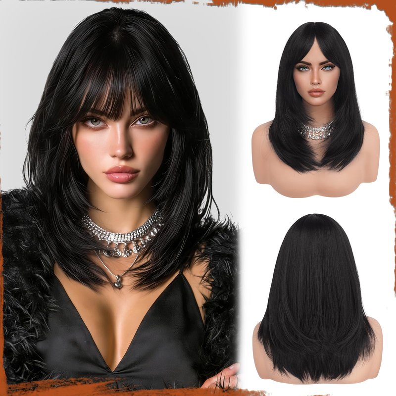 SOFEIYAN Black Wigs with Bangs 16 Inch Long Straight Layered Wig Natural Looking Soft Heat Resistant Synthetic Medium Length Hair Wigs for Women Daily Party Use