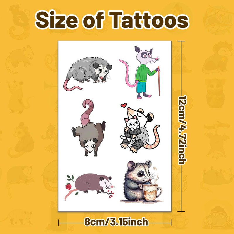 16 Sheets Possum Temporary Tattoos, Fun Opossum Stickers for Kids, Party Favors, Birthday Decorations, Classroom Rewards