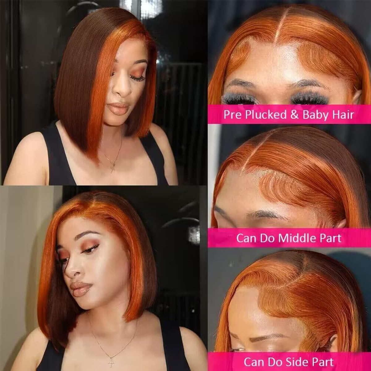 Goldfinch Ginger Orange Highlight Skunk Stripe Short Bob Wigs Human Hair Chocolate Brown Straight Bob Wigs Ombre 13x4 HD Lace Frontal Wigs Brazilian Virgin 150% Density Pre Plucked 8 Inch