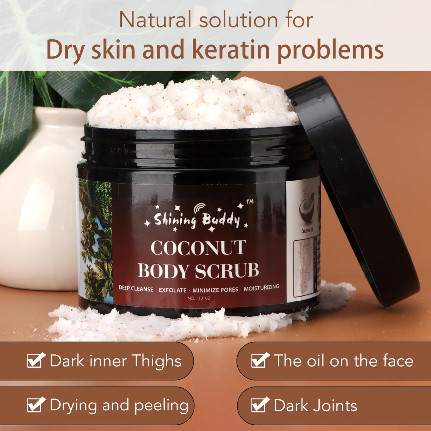 Shining Buddy Coconut Body Scrub Exfoliator with Natural Ingredients Exfoliating Body Scrub for Women，Pure Oils and Dead Sea Salt Minerals，Moisturizing and Nourishing Skin(16.9oz)