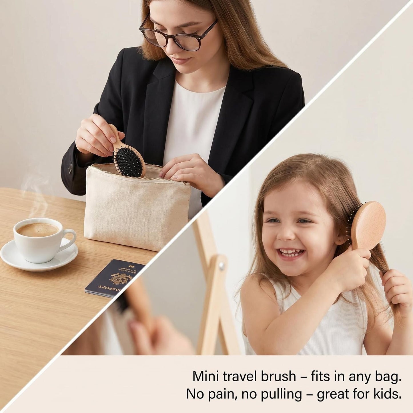Boar Bristle Hair Brush and Comb Set for Women Men Kids, Best Natural Wooden Paddle Hairbrush and Small Travel Styling Brush for Wet or Dry Hair Detangling Smoothing Massaging