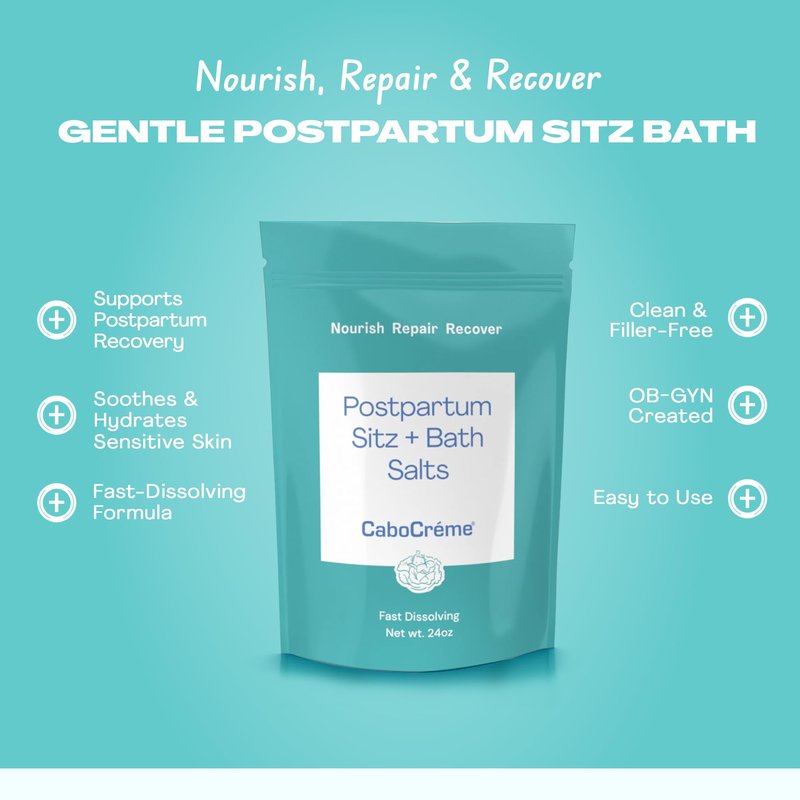 CaboCréme Postpartum Sitz + Bath Salts – 24oz – Postpartum Bath Soak for Perineal Care, Healing Tears, Swelling & Hemorrhoids – Dead Sea Salt with Magnesium – OB-GYN Created Recovery Essential