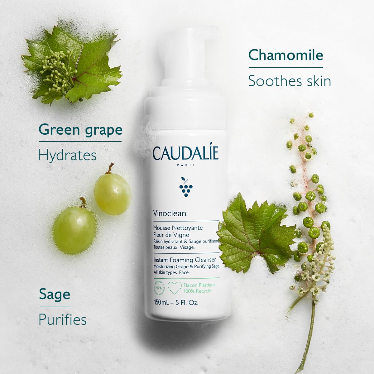 Vinoclean Gentle Instant Foaming Facial Cleanser - All Skin Types | Caudalie