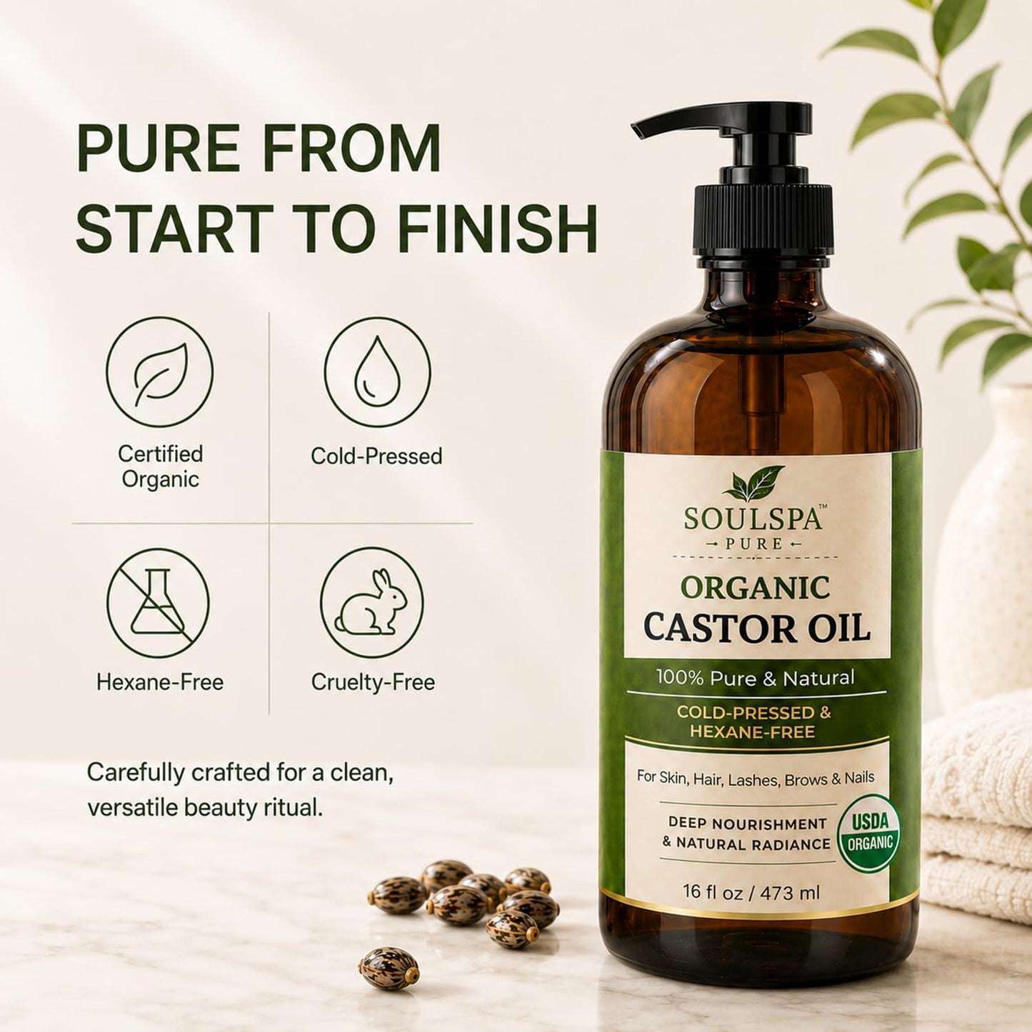 SOULSPA PURE Organic Castor Oil for Hair, Scalp, Skin, Face & Eyelashes | USDA Certified | 100% Pure Castor Oil Organic Cold Pressed Unrefined Glass Bottle, Hexane Free 16 fl oz