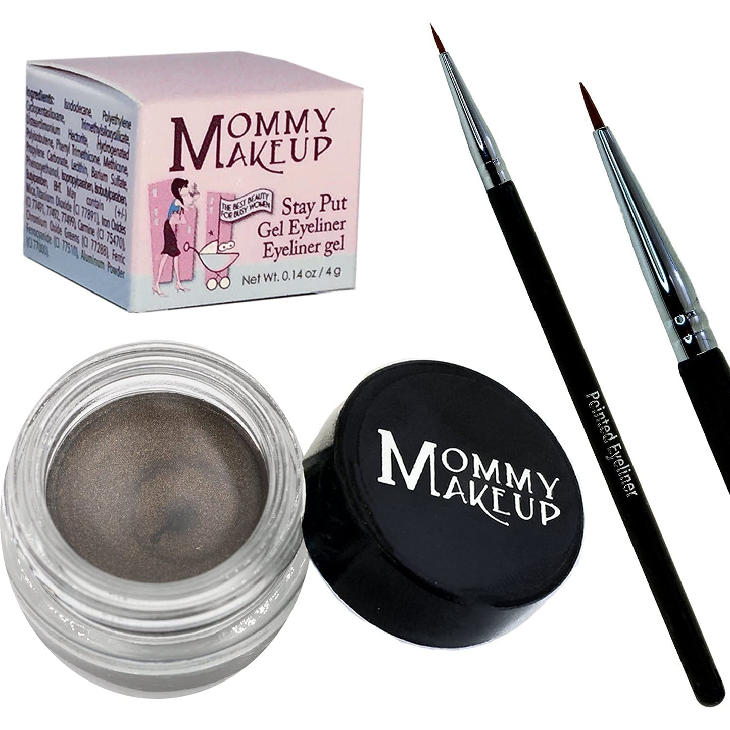 Mommy Makeup [Bundle - Save 20%] Waterproof Stay Put Gel Eyeliner in Mischievous + Pointed Eyeliner Brush