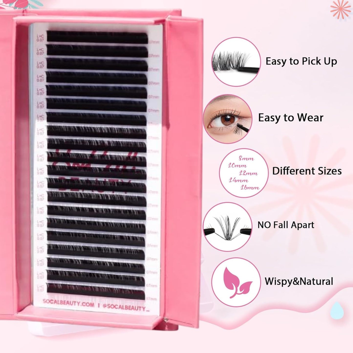 .07 Single Length Lash Trays by Socal Beauty – Faux Mink Eyelash Extensions, 20 Rows Per Tray, Color-Coded Curls (M, L+, C, CC, D from 4mm To 15mm), Aluminum Backing – Salon Quality Mink Eyelashes