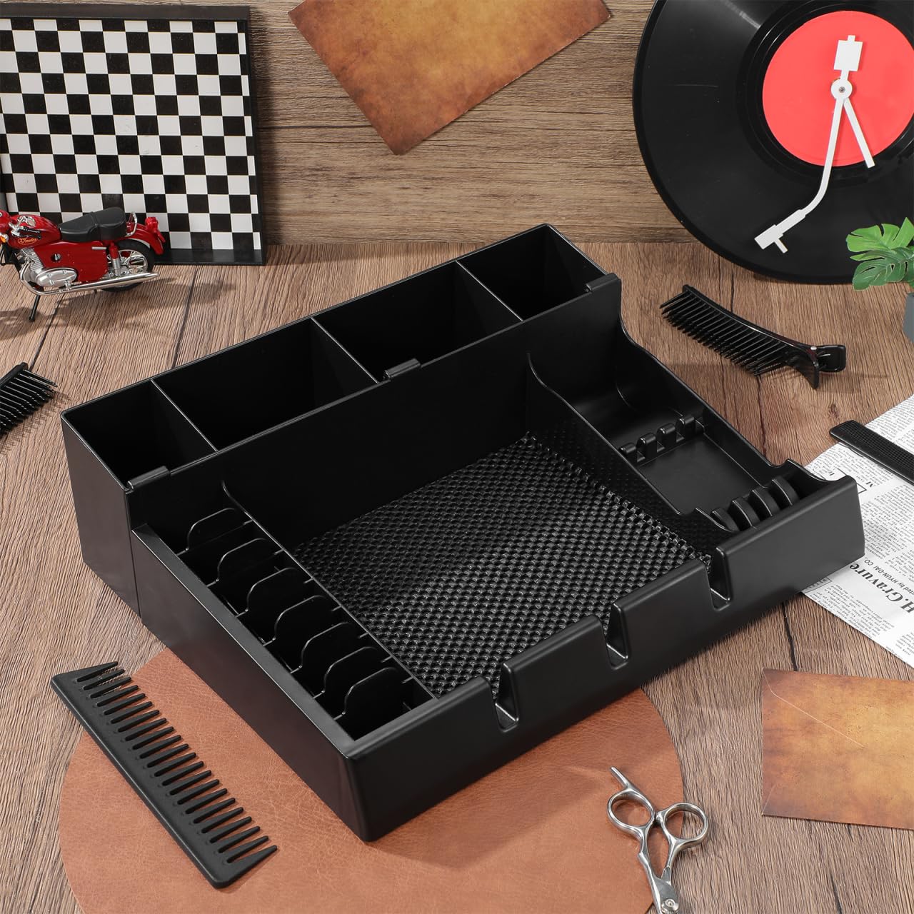 Beatifufu Barber Clipper Tray Organizer 15X12X4.33In Salon Storage Box with Multiple Slots for Clippers Guards Combs Haircut Tools Keeper Portable Hair Clippers Holder
