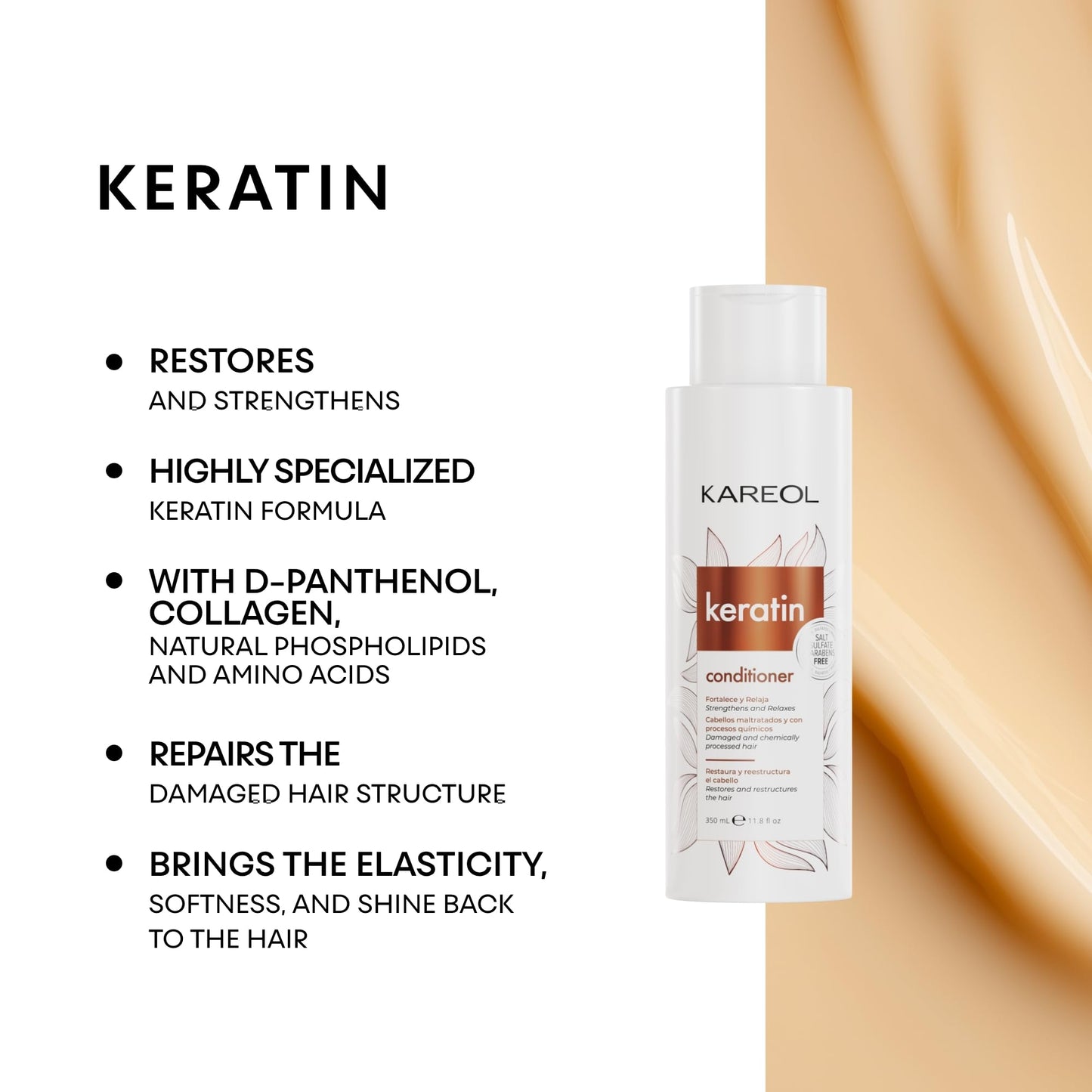 Kareol Keratin Hair Conditioner, 11.8 fl oz, Restoring Formula with D-Panthenol and Collagen for Damaged Hair (11.8 fl oz, Keratin)