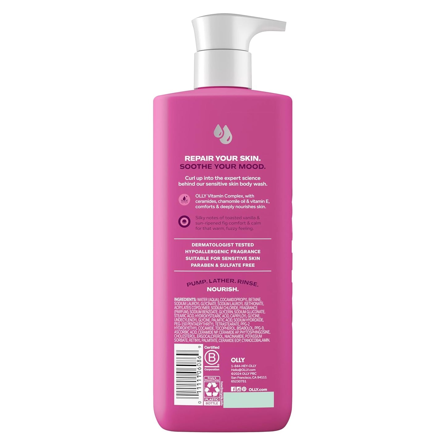 OLLY Body Wash - Comfy Mood Hydrating Formula with Ceramides, Chamomile Oil & Vitamin E | Cozy Vanilla & Fig Scent, 17 Fl Oz