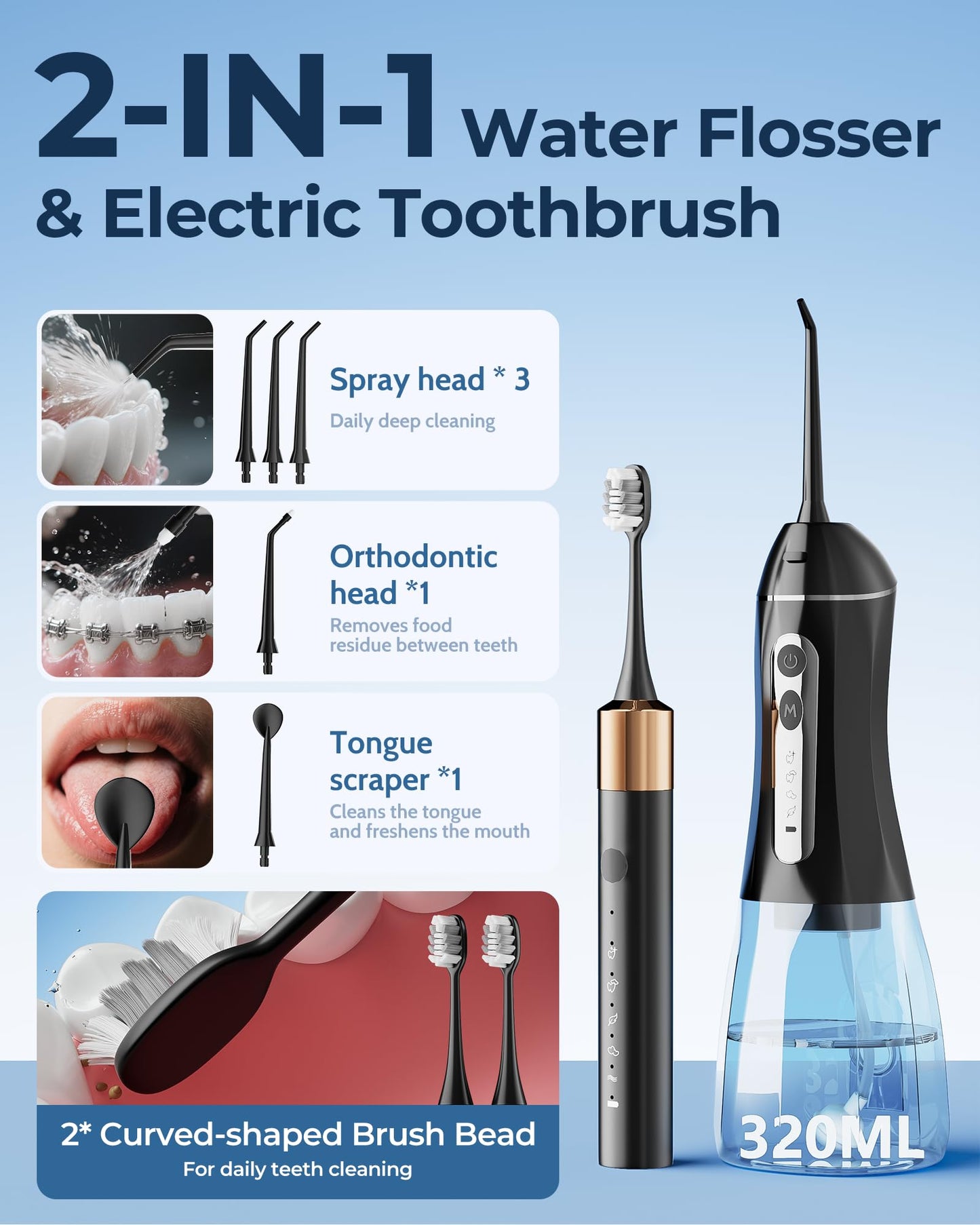 Electric Toothbrush with Water Flosser for Teeth, Sonic Electric Toothbrush and Electric Floss for Adults and Kids, Water Dental Picks, Cleaning and Flossing Dental Care, Waterproof