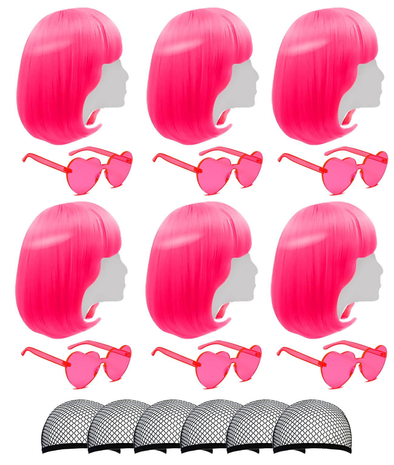 Short Bob Wigs with Bangs, 6 Pack Bob Wigs - Fruit Beach Series Set with Heart Shape Sunglasses, Hairpieces for Neon Halloween Costume, Bachelorette Party Decorations (Hot Pink)