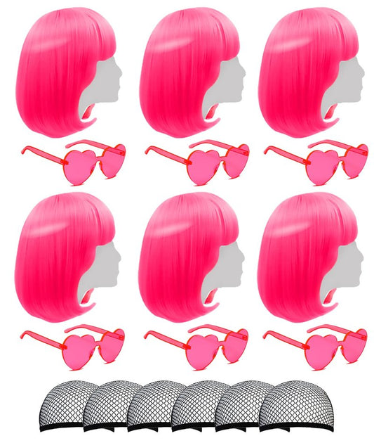 Short Bob Wigs with Bangs, 6 Pack Bob Wigs - Fruit Beach Series Set with Heart Shape Sunglasses, Hairpieces for Neon Halloween Costume, Bachelorette Party Decorations (Hot Pink)