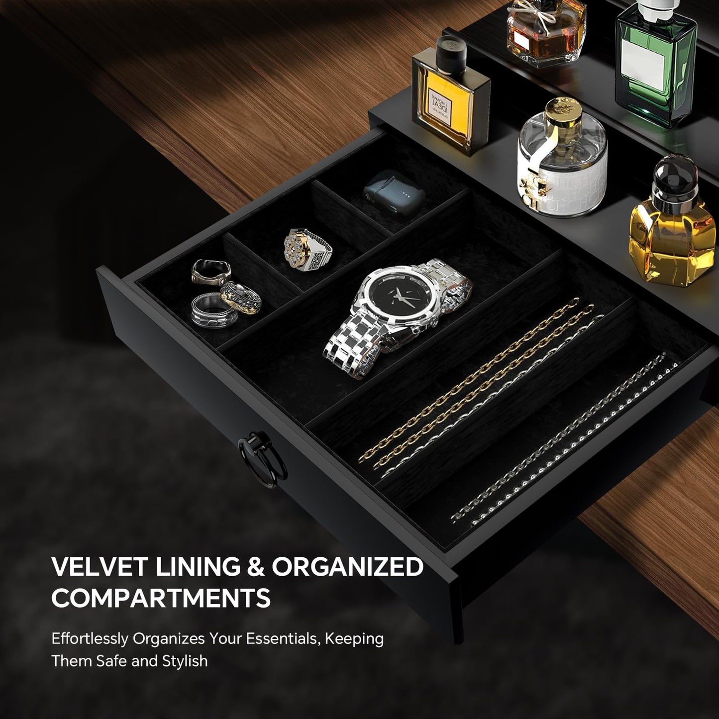 KISENG Cologne Organizer for Men, 4 Tier Cologne Stand with Drawer, Perfume Holder with Hidden Compartment, Fragrance Stand Shelf A Great Gift for Man, Black
