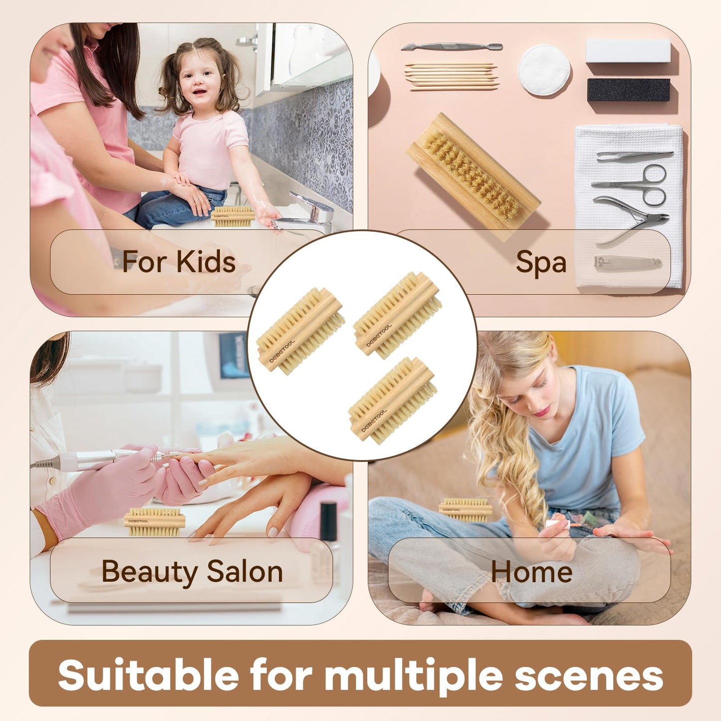 DEBETOOL Bamboo Nail Brush- 3PCS Wooden Firm Nail Brush for Cleaning Fingernails,Two-Side Nail Scrubber Brush for Cleaning Under Nails