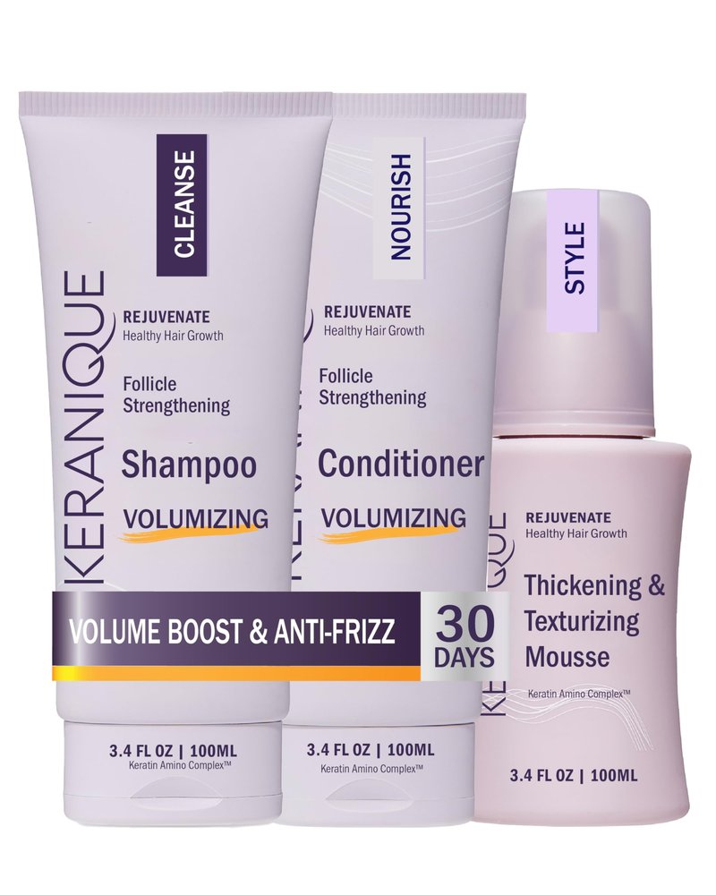 Keranique VOLUME BOOST & STYLE TRAVEL KIT - Anti-Frizz Heat Protection System for Women with Thinning Hair - Includes Keratin Shampoo, Conditioner, and Thickening Mousse, Enhances Volume and Texture