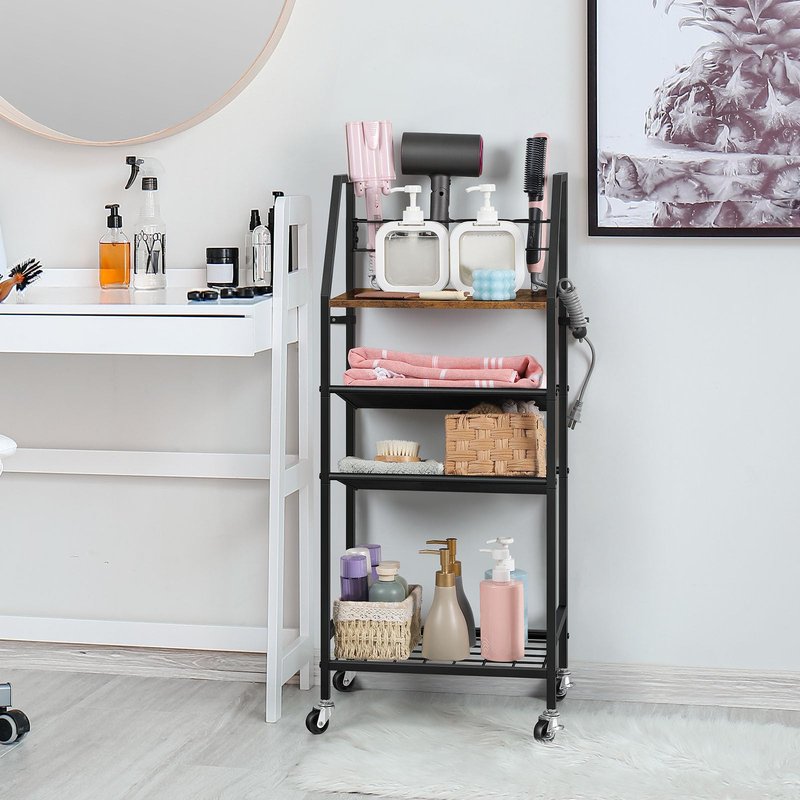 OYEAL Bathroom Storage Cart with Wheels Rolling Bathroom Shelves Slim Freestanding Bathroom Towel Storage Organizer with Hair Tool Holder for Small Spaces, Rustic Brown