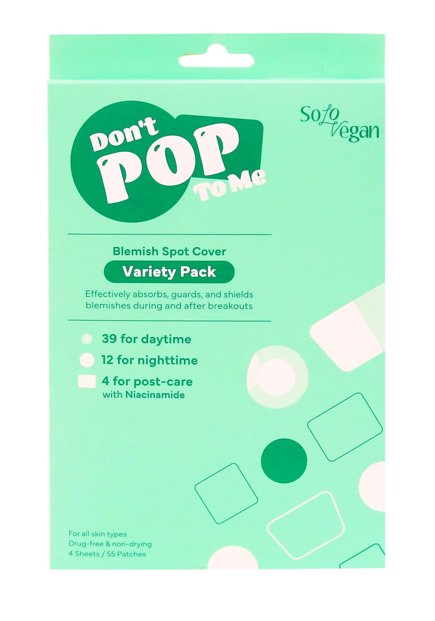 SoloVegan 55Count Don't Pop to Me Blemish Patch, Invisible Spot Cover, Hydrocolloid Acne Patch, Treatment for Breakouts, Absorbs Zits & Blemish, Korean Skin Care (165pcs (3PK))