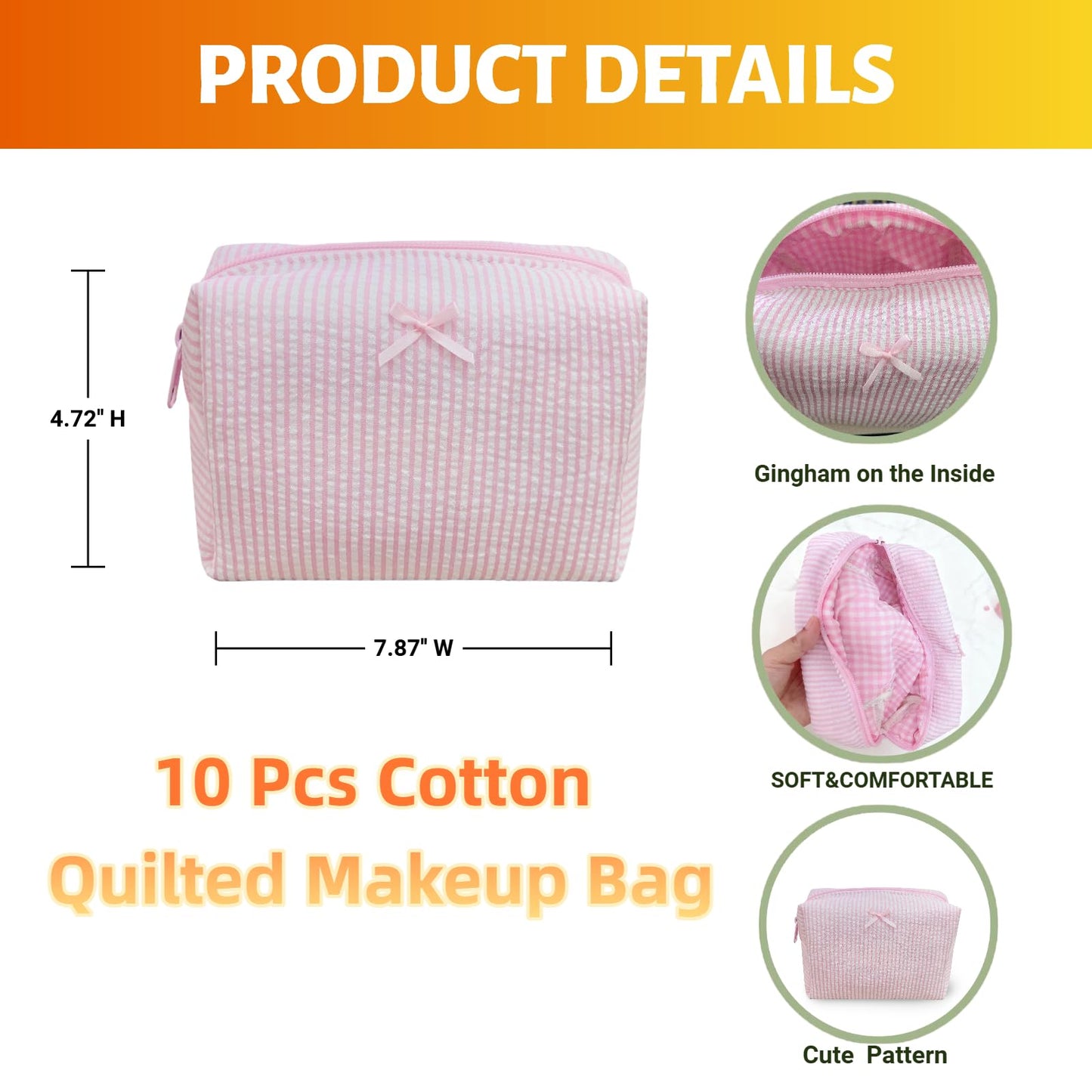 10 Pcs Cotton Quilted Makeup Bags Bulk-Valentines Day Gifts Bow Stripe Cosmetic Pouch Bridesmaid Gifts Makeup Pouch with Zipper Travel Portable Case Preppy Gifts for Women (Pink)