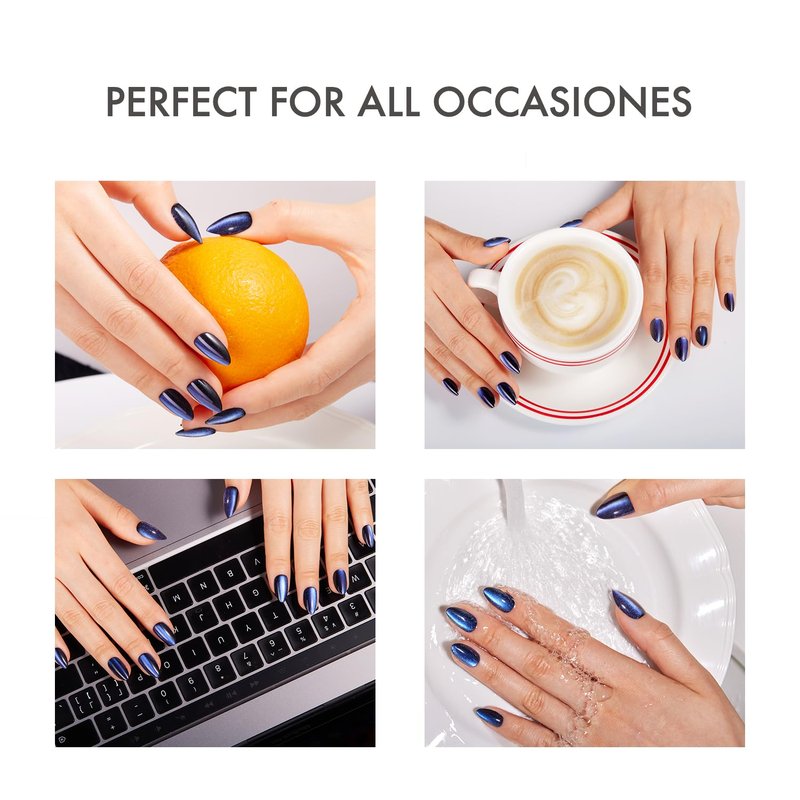 VSALON Press on Nails Short Almond - Blue Cat Eye Chrome Glue On Nails Kit for Women, Reusable Opaque Gel Stick on Nails For 4th of July with Glue & Cuticle Oil - 32 PCS Fake Nails in 16 Sizes
