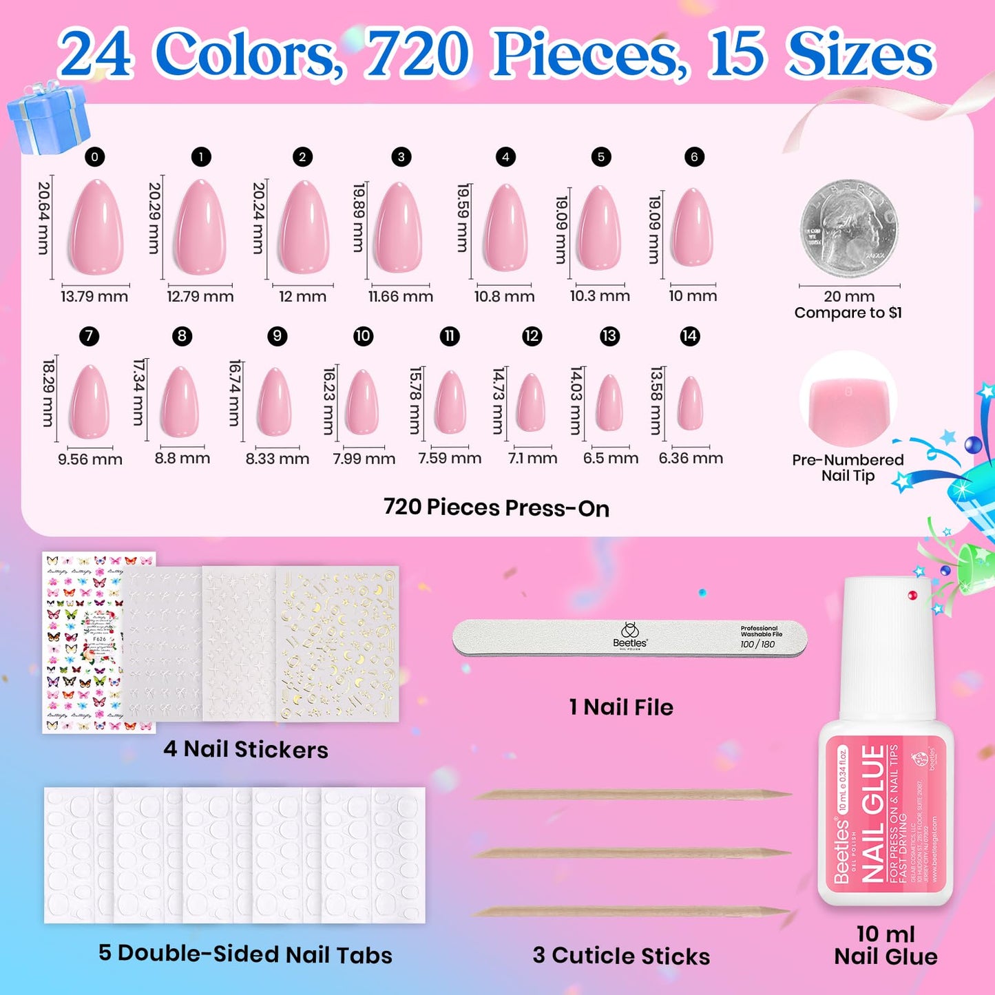 Beetles Press on Nails Kit 720Pcs 24 Colors, Short Almond Press on Nail Glossy Matte Glitter with Nail Glue & Nail Tabs Stickers, Natural Fit Lightweight Fake Nails Kit Art for Women Girls