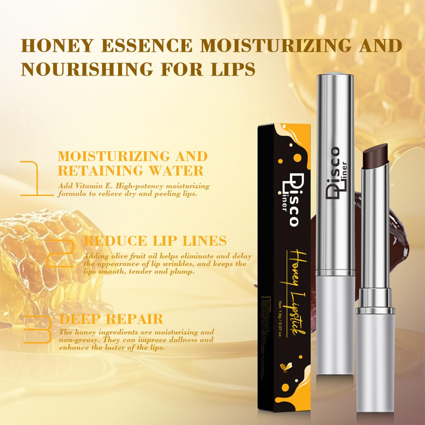 Discoliner Honey Lipstick Lip Tinted Lip Balm, Creamy Texture Nourishing Moisturizing Deep to Sheer Pigment Emollient, Enriched Lipstick Enhances Natural Color, Smooth Application Seamless Blend