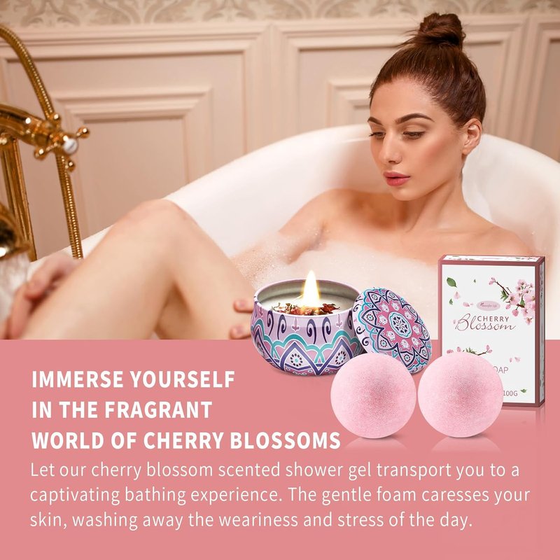 Bath and Body Gift Set for Women - Luxurious Japanese Cherry Blossom Spa Essentials | 7-Piece Set with Shower Gel, Lotion, Bath Oil, Salt, Soap, Bombs & Candle