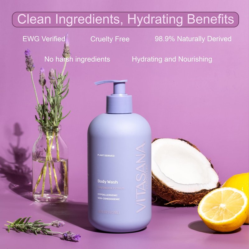 Vitasana Natural Body Wash for Sensitive Skin, 16oz – Lavender Citrus Scent, Plant-Based, EWG Verified, Hypoallergenic, Paraben-Free, Sulfate-Free, Cruelty-Free
