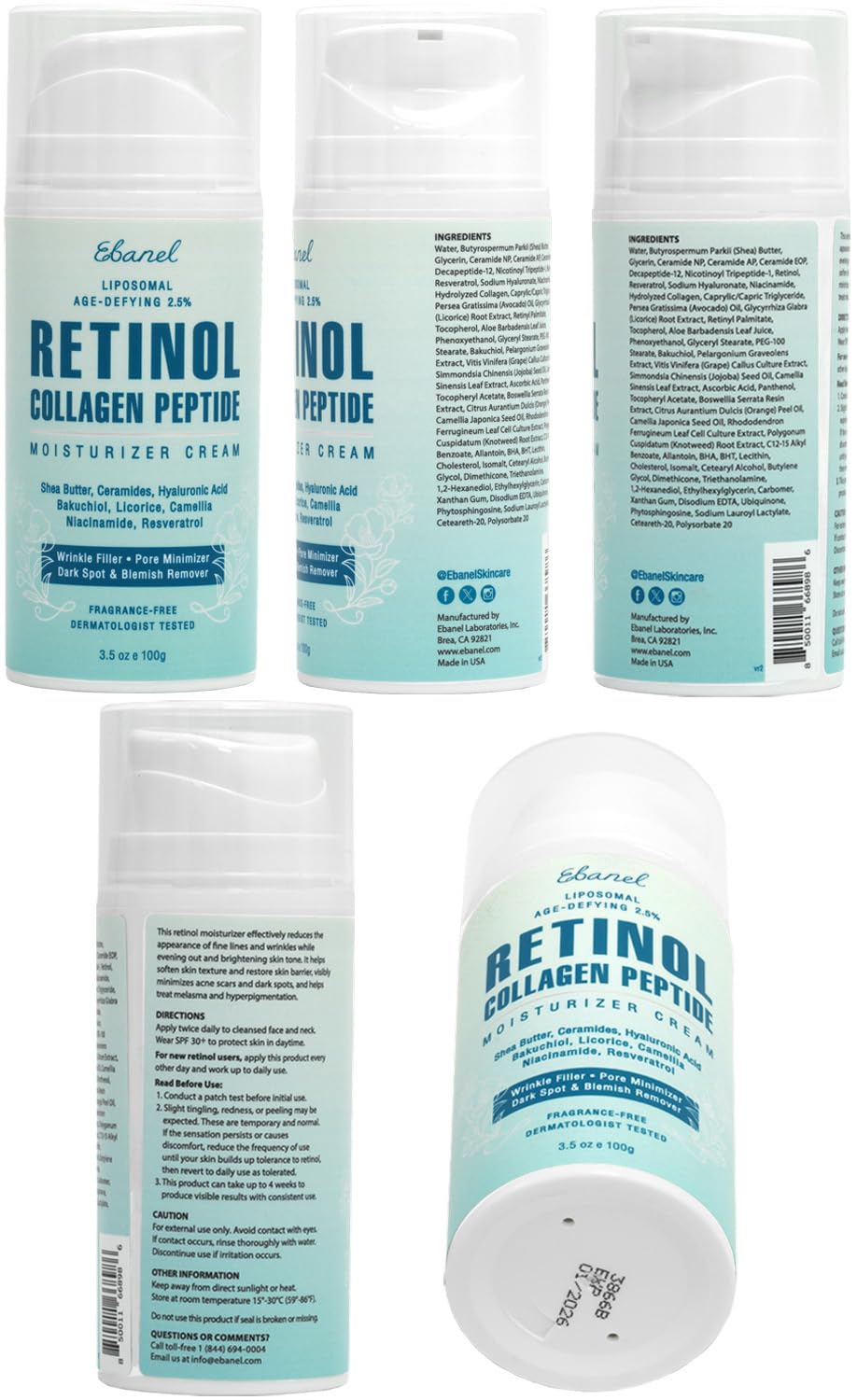 Ebanel Retinol Cream for Face 3.5Oz with Collagen Peptide & Hyaluronic Acid