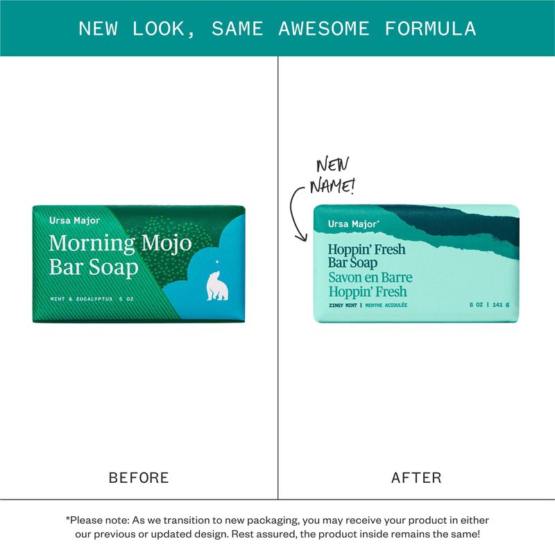 Ursa Major Hoppin' Fresh Bar Soap | Formerly Known As Morning Mojo Bar Soap | Natural, Exfoliating Soap with Peppermint, Eucalyptus and Rosemary | Formulated for Men and Women | 5 ounces