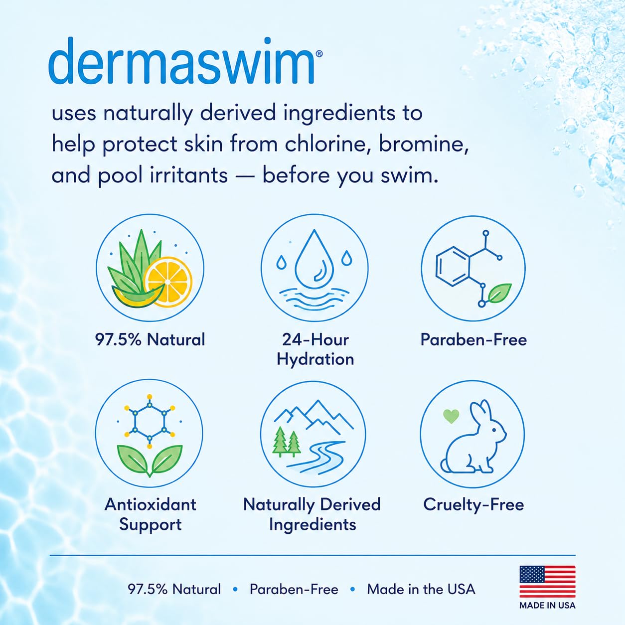 DERMASWIM Pre-Swim Lotion for Chlorine Protection – 8 fl oz | 97.5% Natural & Paraben-Free | Vitamin-Enriched with Aloe & Green Tea | Shields & Moisturizes Skin Before Swimming in Pools or Hot Tubs