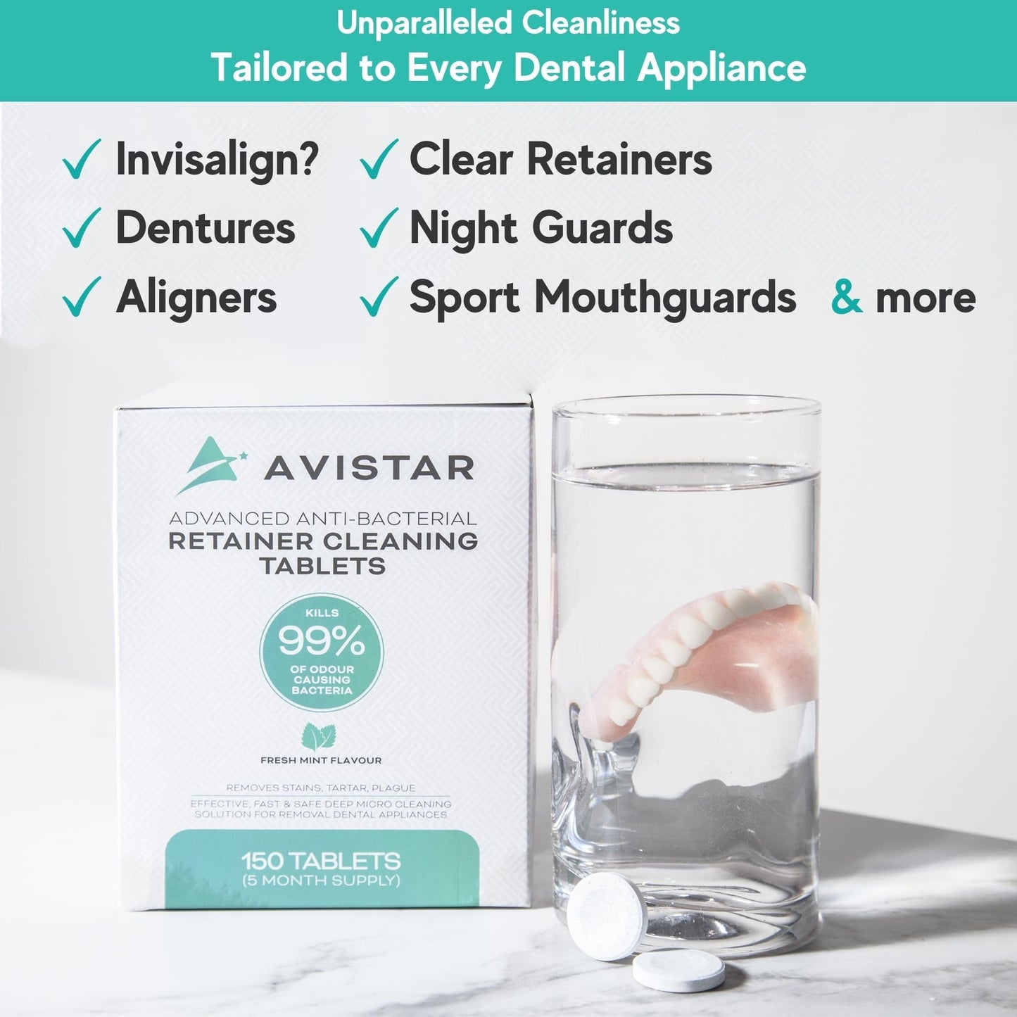 Retainer & Mouth Guard Cleaner Tablets - Mint Flavor Retainer Cleaner Tablets & Invisalign Cleaner - Denture Cleaning Tablets, Denture Cleaner, Aligners, Night Guard, Mouthguard Cleaners - 300 Count