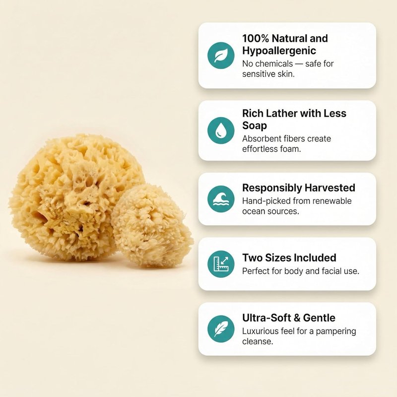 Real Sea Wool Sponges - Natural Bath & Face Sponge Set, 2 Pack | Large 6”-7” & Medium 3”-4” Hypoallergenic Organic Sponges