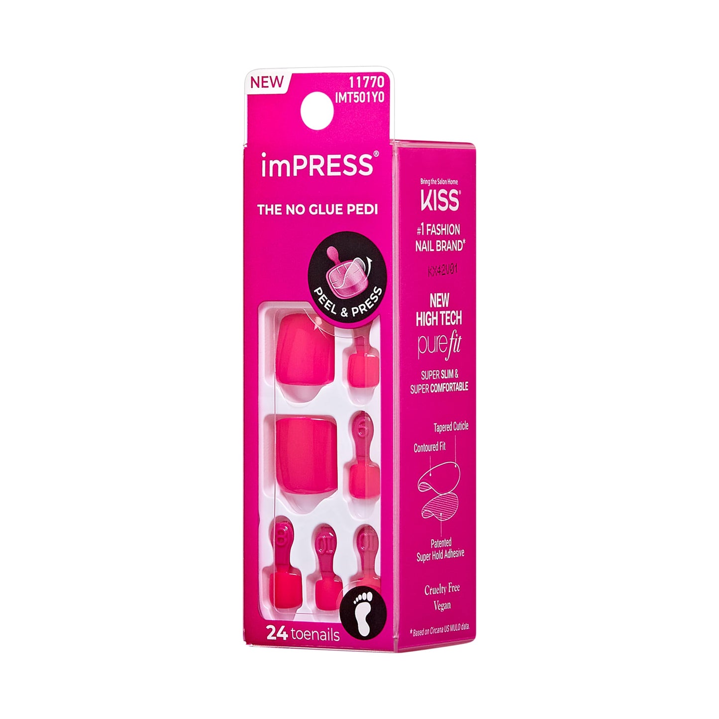 KISS Impress No Glue Mani 30 Pcs Press on Toenails, Hot Pink Stick on Extension False Nails for Toes, Peel & Press Easy Apply, Hassle-Free Removal, Includes Manicure Stick, Prep Pad & File