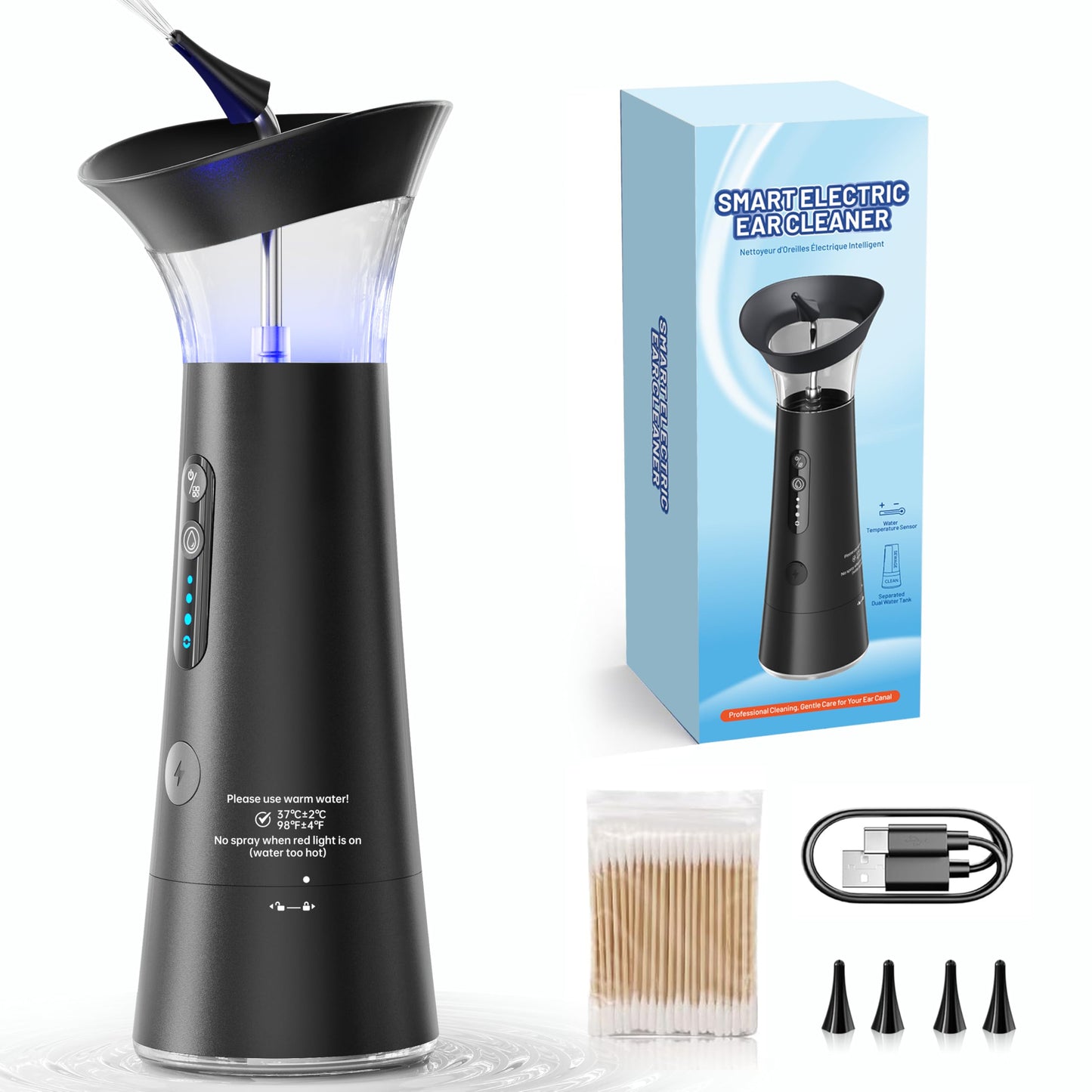 Electric Ear Wax Removal with Separated Dual Tank, IPX6 Waterproof Ear Cleaner Kit, Water Temperature Detection, Ergonomic Upright Rinse Design, USB-A to C Cable