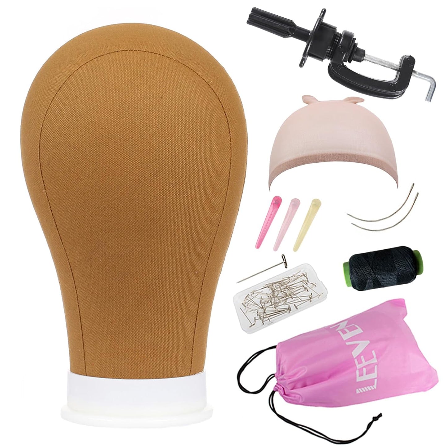 Canvas Block Head for Wigs Styling & Display - 21"-24" Brown Mannequin Wig Head with Stand, T-Pins & Hair Clips