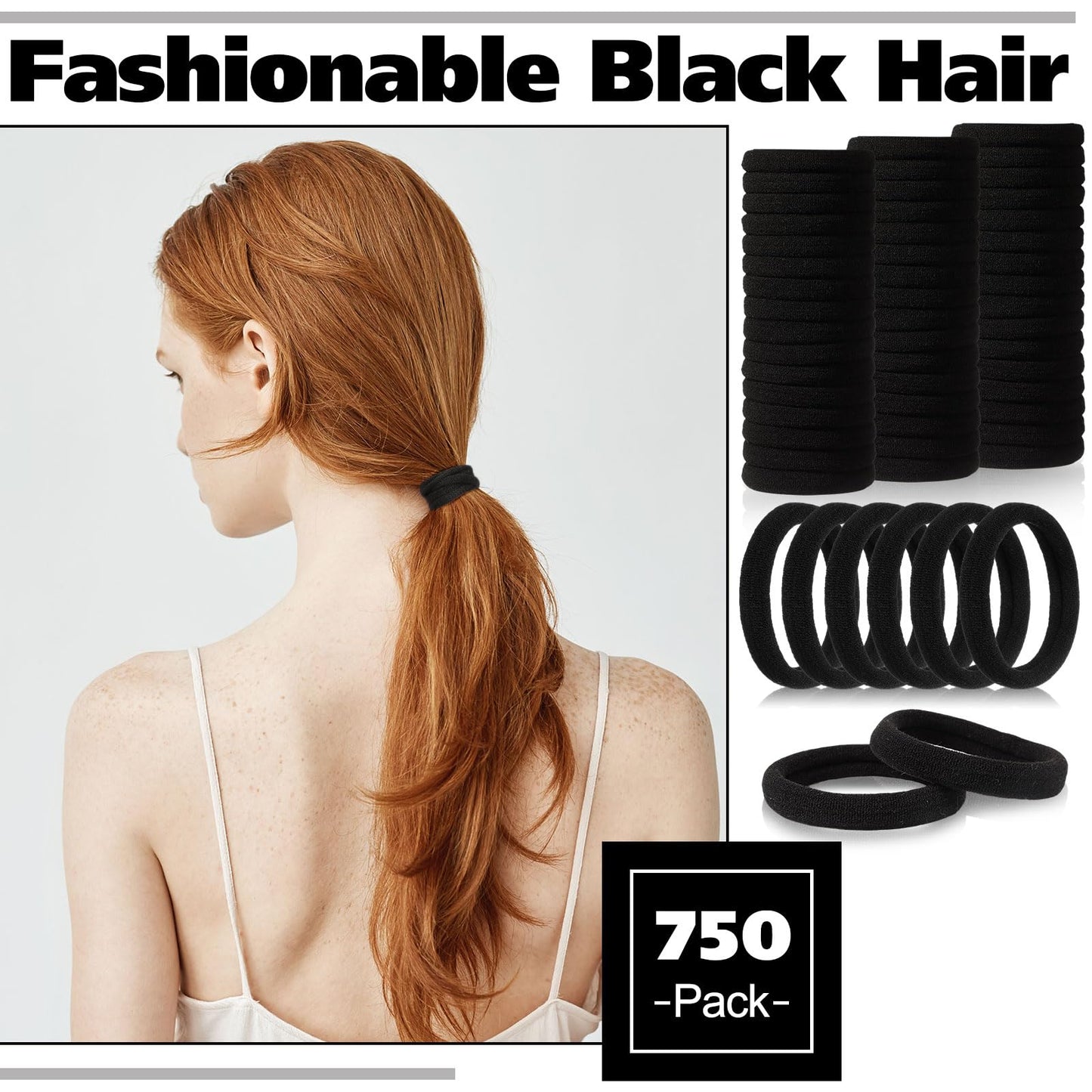 Chuangdi 750 Pcs Large Black Hair Ties Bulk Soft Elastics Hair Scrunchies Set Cotton Seamless Ponytail Holders for Women Thin Thick Curly Wavy Hairs