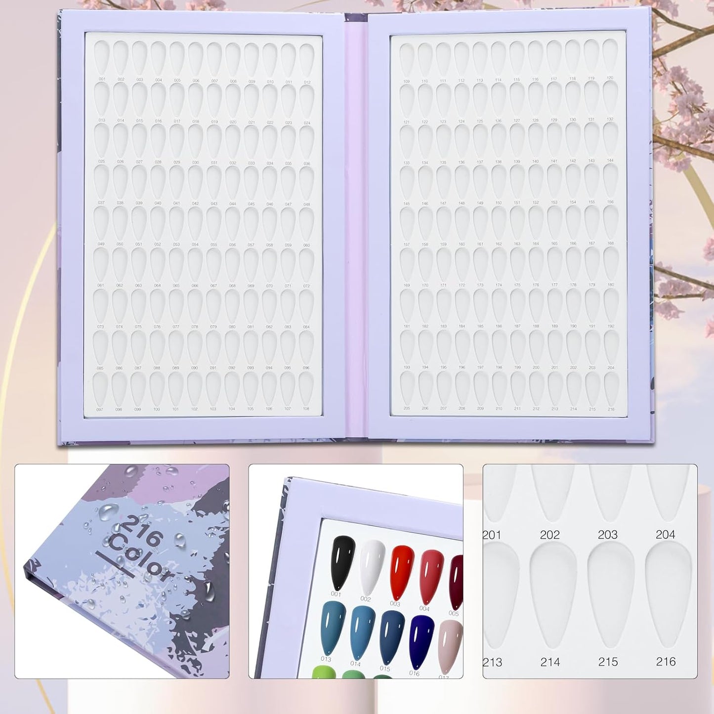 Nail Color Display Book - 216 Nail Colors with 240 Tips & Number Labels | Purple Swatch Guide