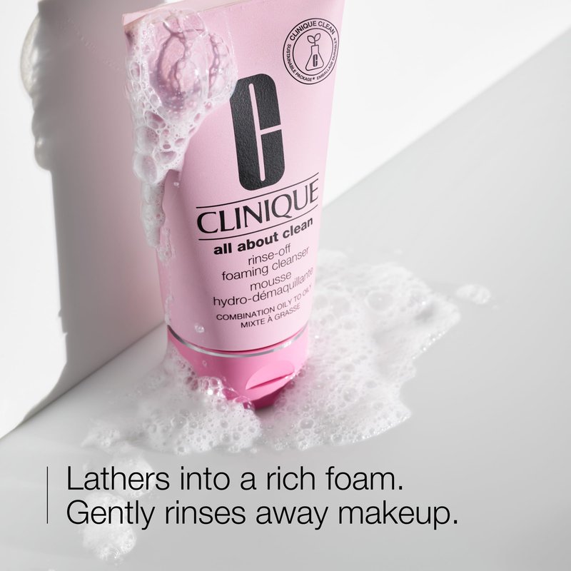 Clinique All About Clean Rinse-Off Foaming Face Wash | Face Cleanser With Hyaluronic Acid + Glycerin For Oily Skin Types | Dissolves Makeup + Sunscreen, 8.5 Fl Oz
