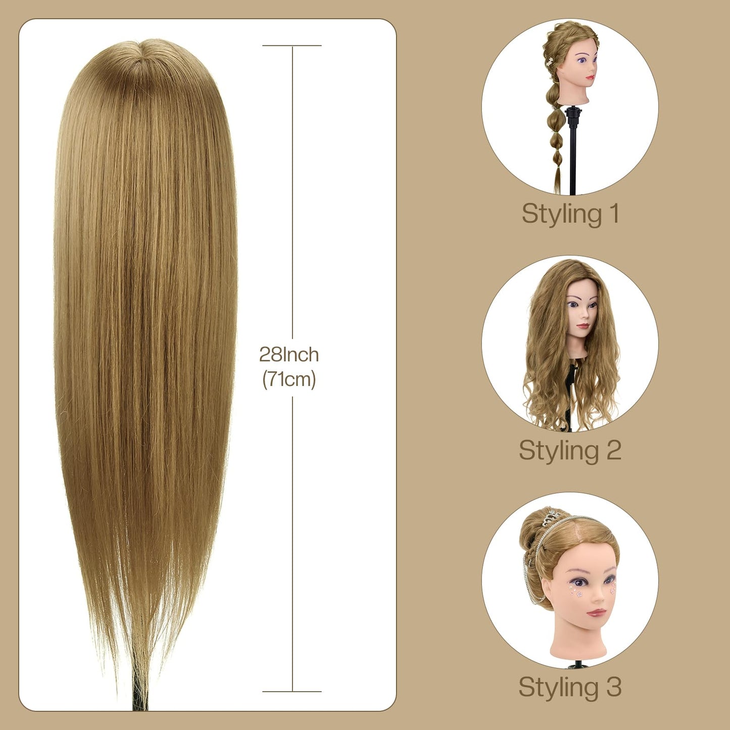 28" Mannequin Head Human Hair, 80% Real Hair Mannequin Head, Cosmetology Manikin Doll Head for Hair Styling Set #27, Training Practice Braiding Head with Table Clamp Suitable for Hair Extensions