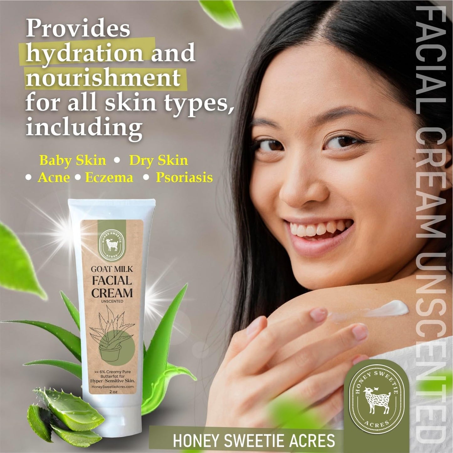 Honey Sweetie Acres Goat Milk Facial Cream with Aloe & Jojoba, 2 oz