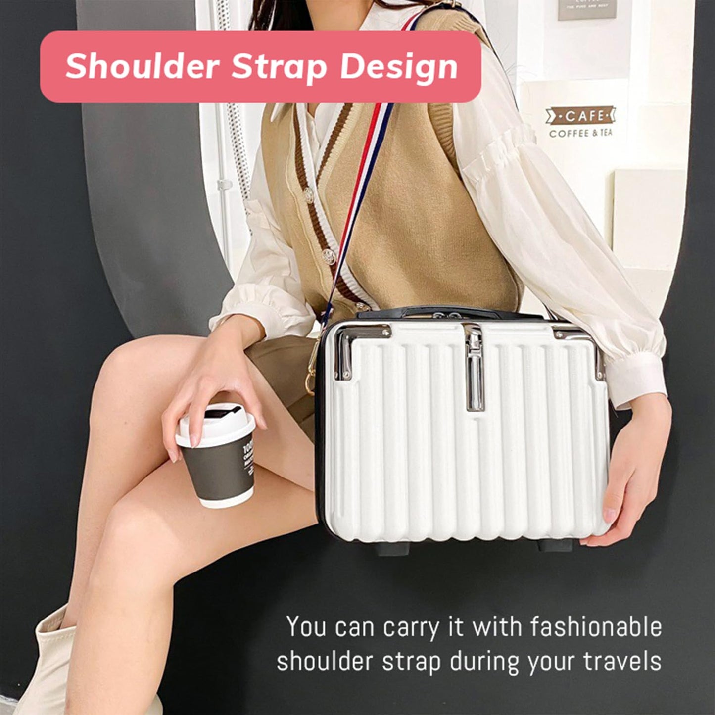 Holxeli 15 Inch Portable Hard Shell Makeup Case, Mini Cosmetic Travel Luggage Case with Shoulder Strap, Small Travel Suitcase Train Case with Toiletry Bag, ABS Material, White