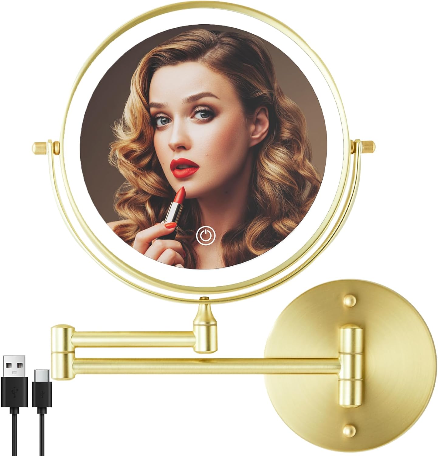 Lighted Makeup Vanity Mirror - 8 Inch Double-Sided 1X/10X Magnification | 3 Color Lighting, Touch Screen Dimming, 360° Rotation, Gold
