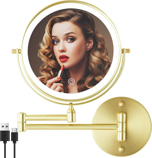 Lighted Makeup Vanity Mirror - 8 Inch Double-Sided 1X/10X Magnification | 3 Color Lighting, Touch Screen Dimming, 360° Rotation, Gold