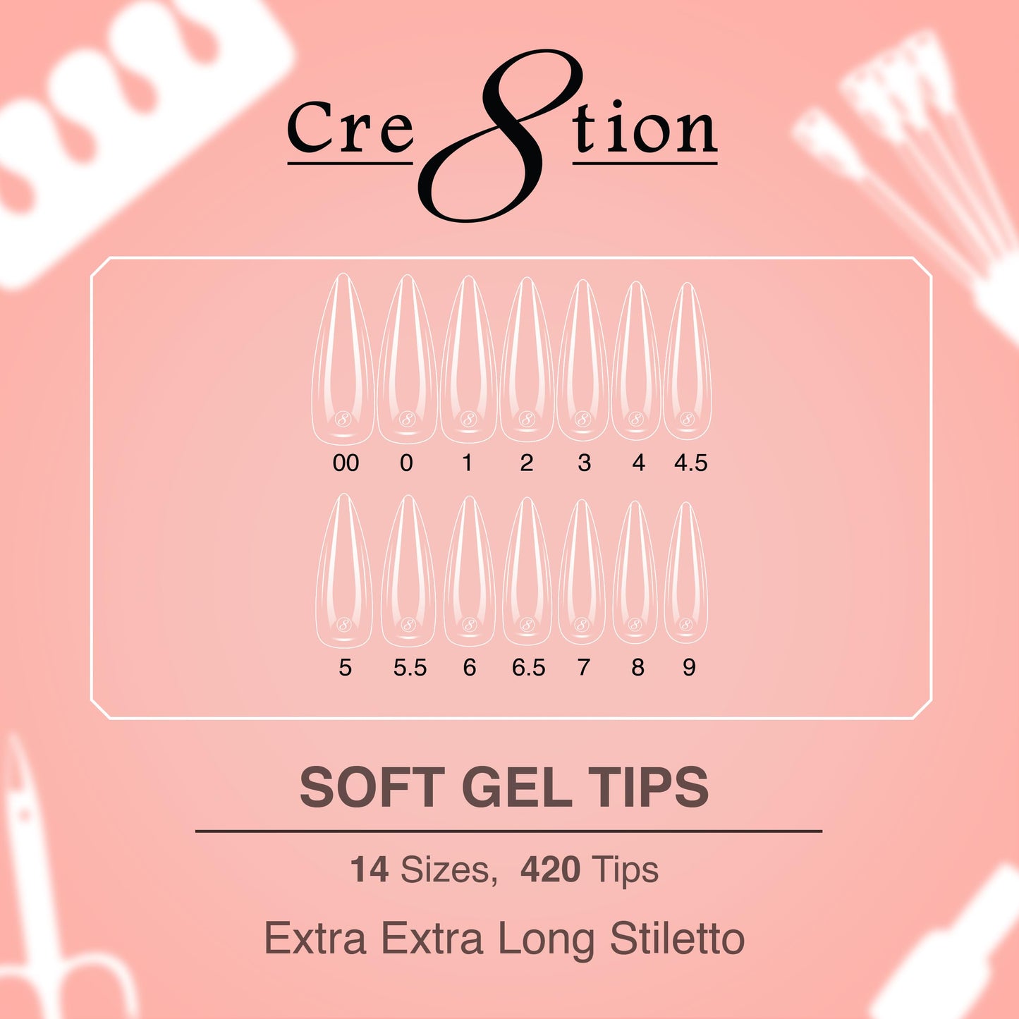 Cre8tion Soft Gel Nail Tips, Extra Extra Long Stiletto Shape, 602 Tips in 14 Sizes (00-9) for Professional Nail Extensions